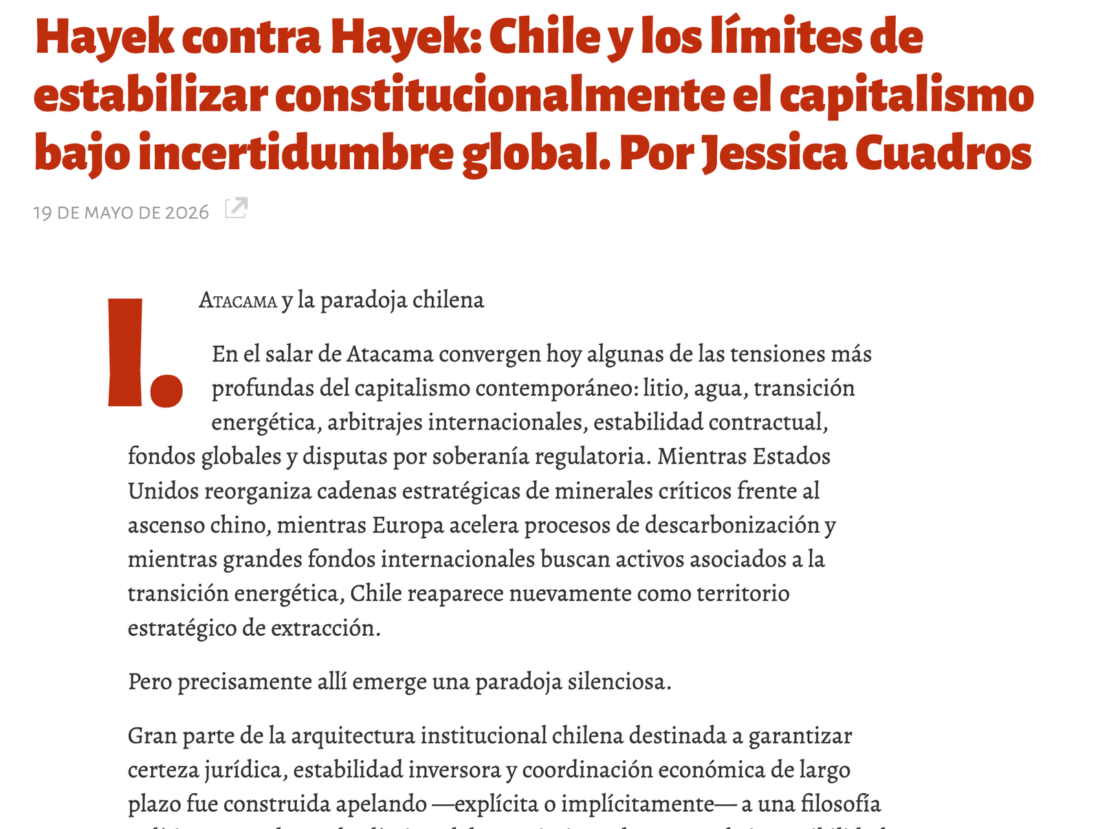 Hayek contra Hayek: Chile y los límites de estabilizar constitucionalmente el capitalismo bajo incertidumbre global