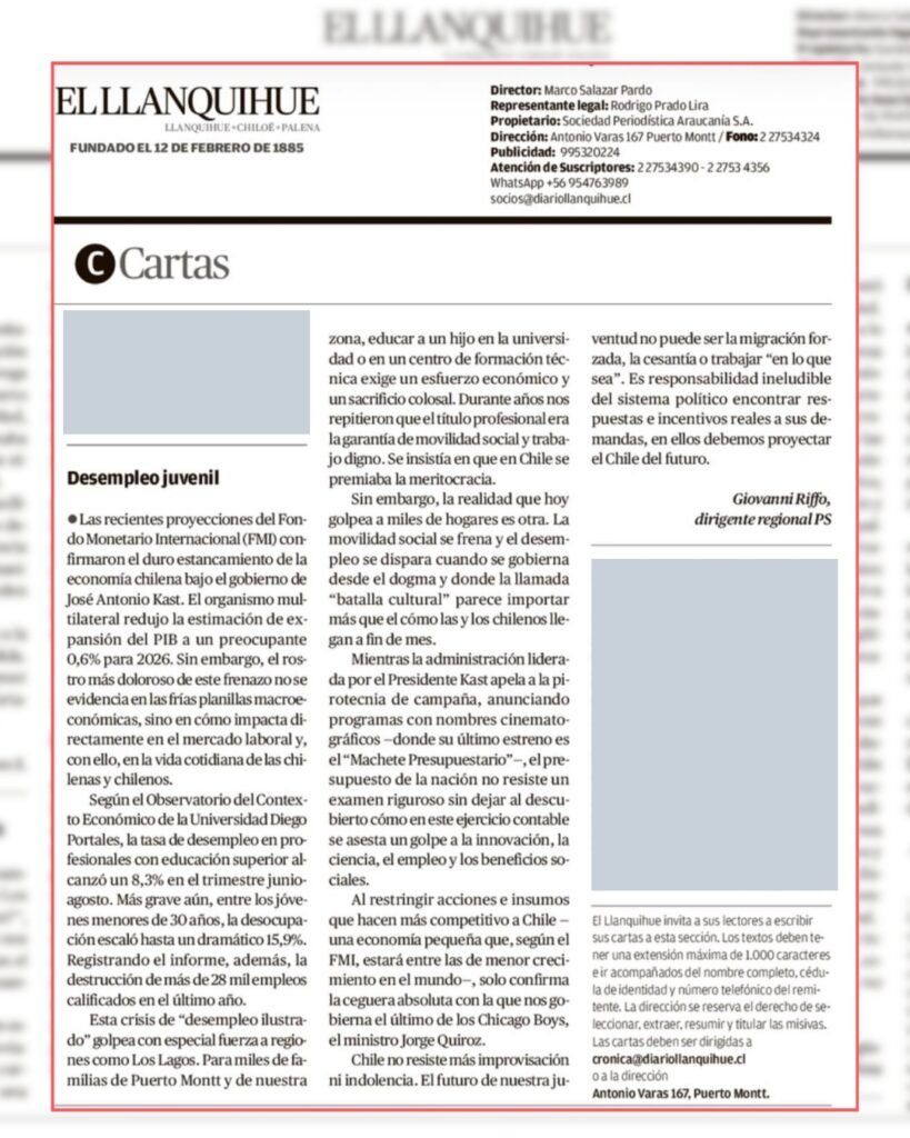 Carta "Desempleo juvenil" de Giovanni Riffo en El Llanquihue